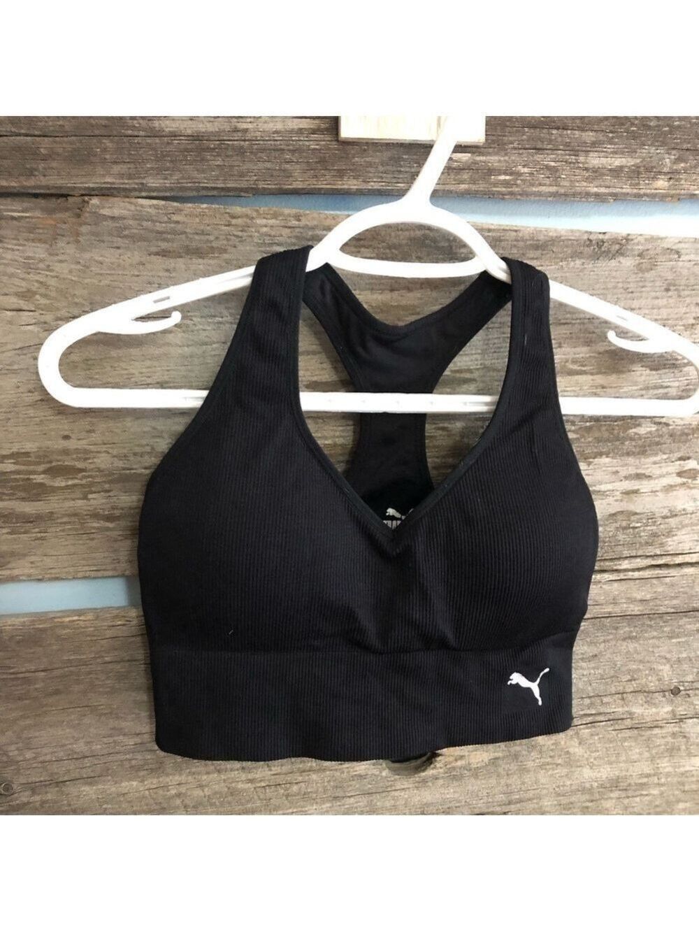 PUMA Size Med Black Ribbed Padded Sports Bra